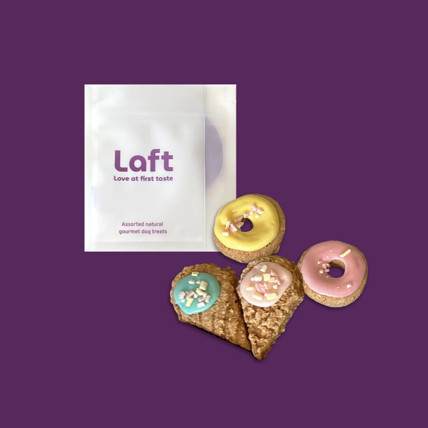 A white Laft Pet natural dog treat pouch placed next to two donuts and two ice-cream cookies on a dark purple background.