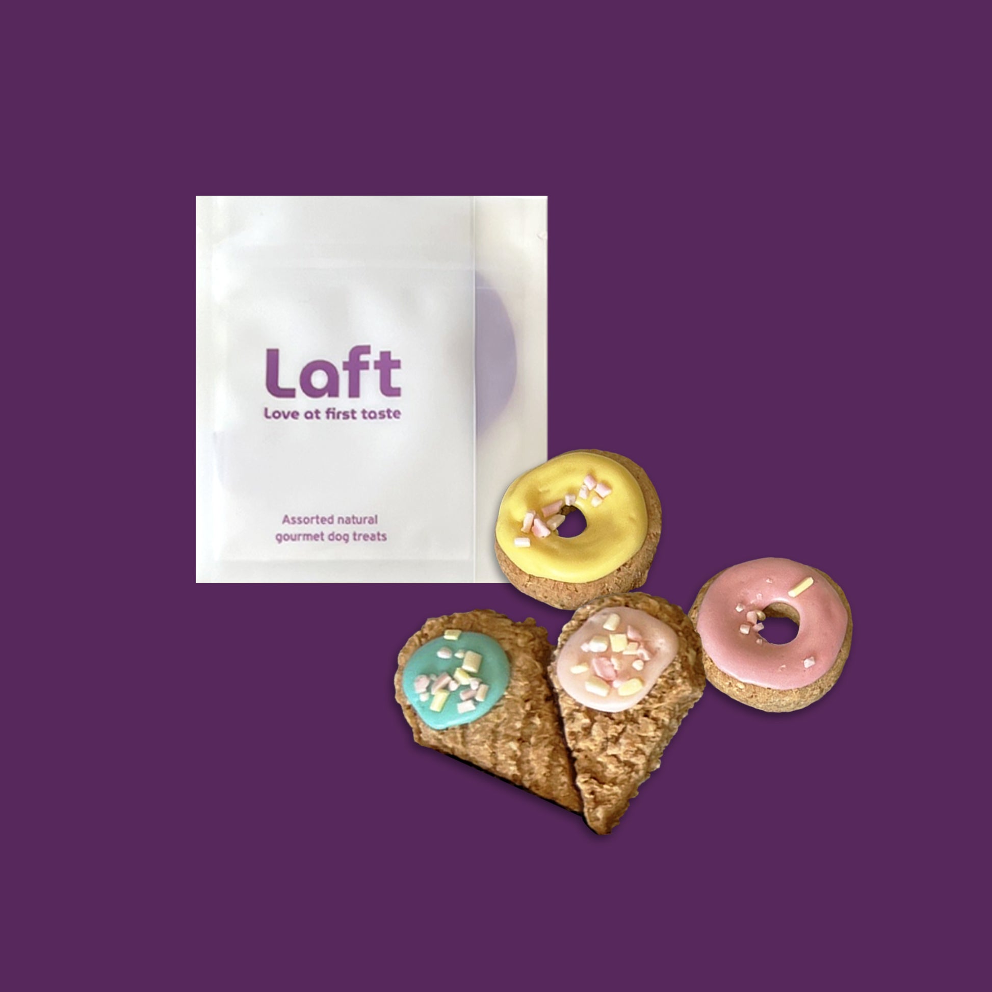 A white Laft Pet natural dog treat pouch placed next to two donuts and two ice-cream cookies on a dark purple background.