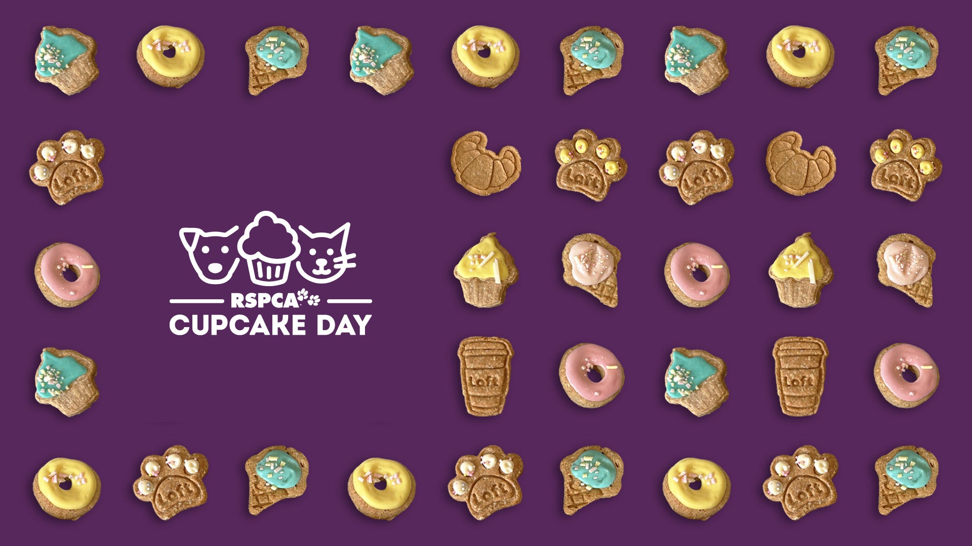 RSPCA Cupcake Day banner featuring Laft Pet High Tea organic biscuits, including cupcakes, donuts, paw prints, croissants, and coffee cups on a purple background. The RSPCA Cupcake Day logo with a dog, cat, and cupcake is displayed in the centre.