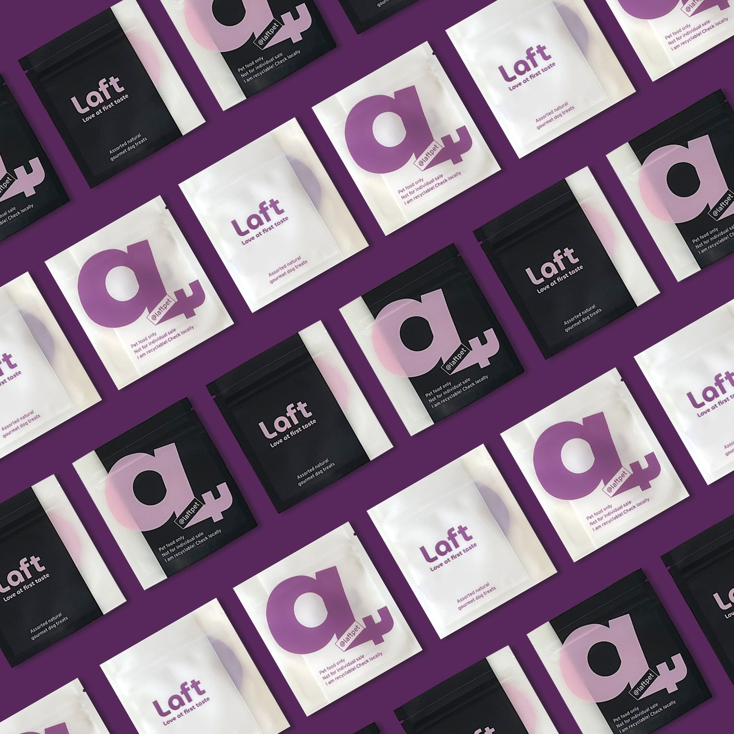 A wall of Laft branded pocket-size pouches showing its front and back.