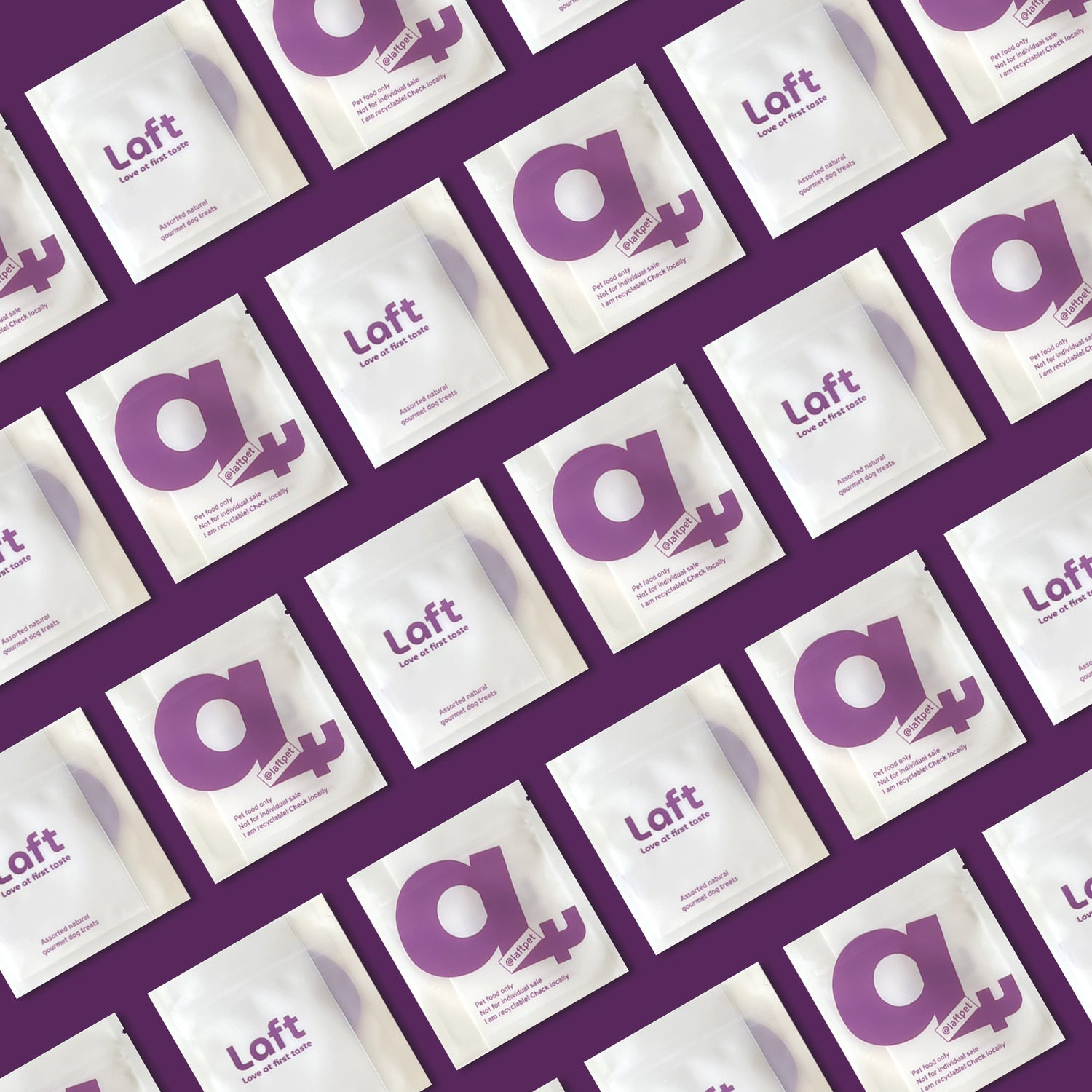 A wall of Laft branded pocket-size pouches showing its front and back.