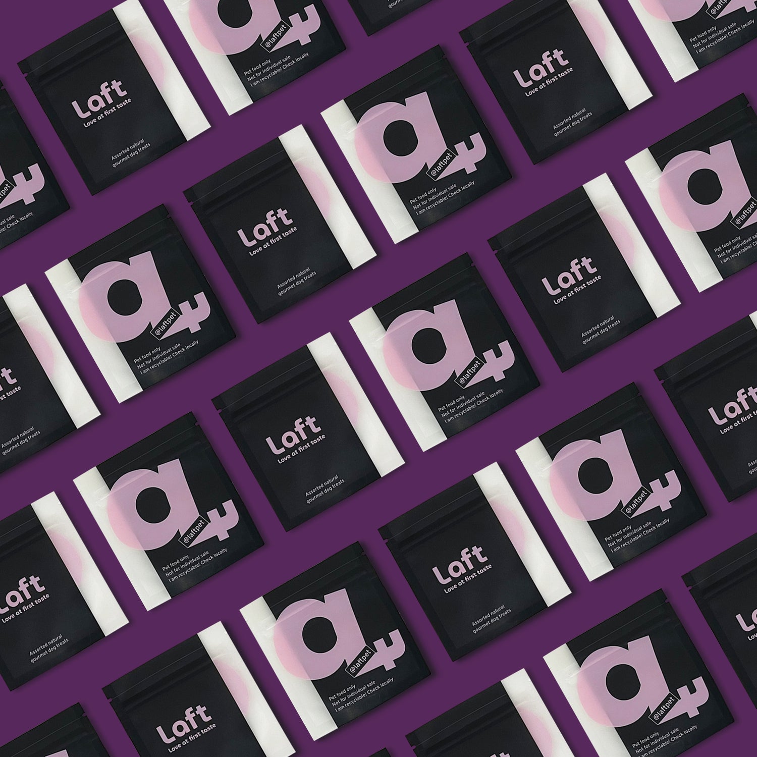 A wall of Laft branded pocket-size pouches showing its front and back.