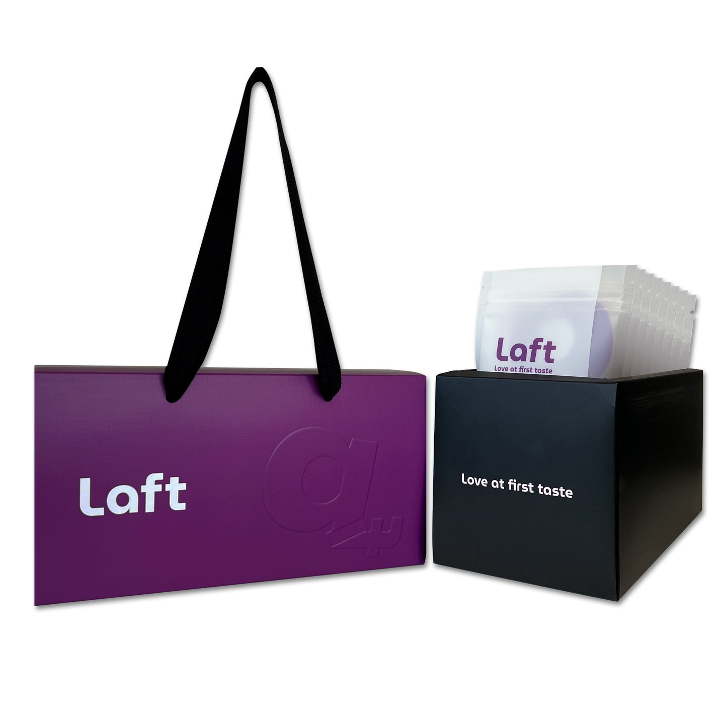 Open Laft Pet dog gift box displaying eight individual pouches neatly arranged inside.