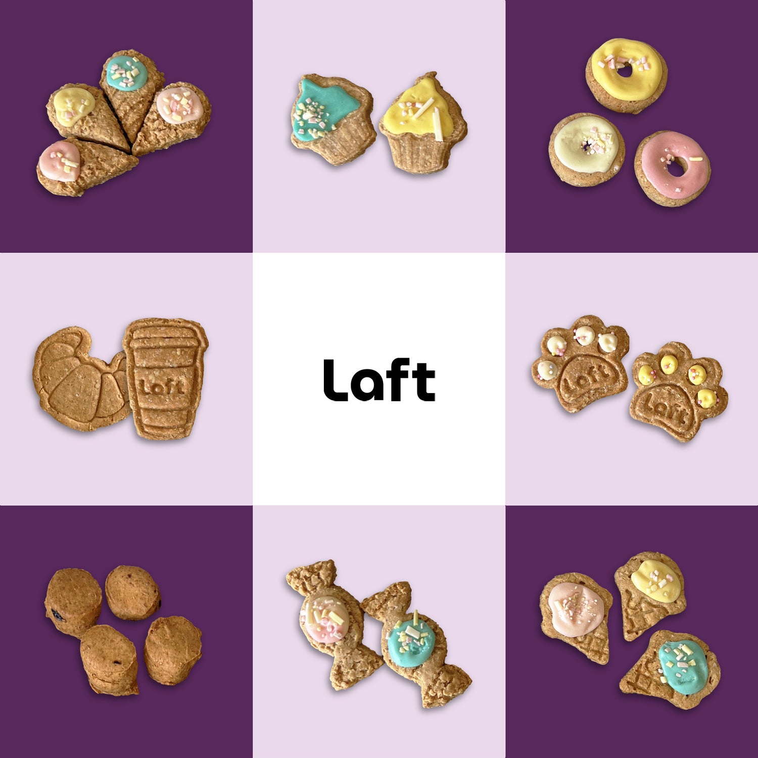 A grid image showcasing various pet cookies, arranged around the "Laft" logo in the centre. The cookies featured include ice cream cones, cupcakes, donuts, croissants, a Laft coffee cup, paw-shaped cookies, scones, lollies, and crepes.