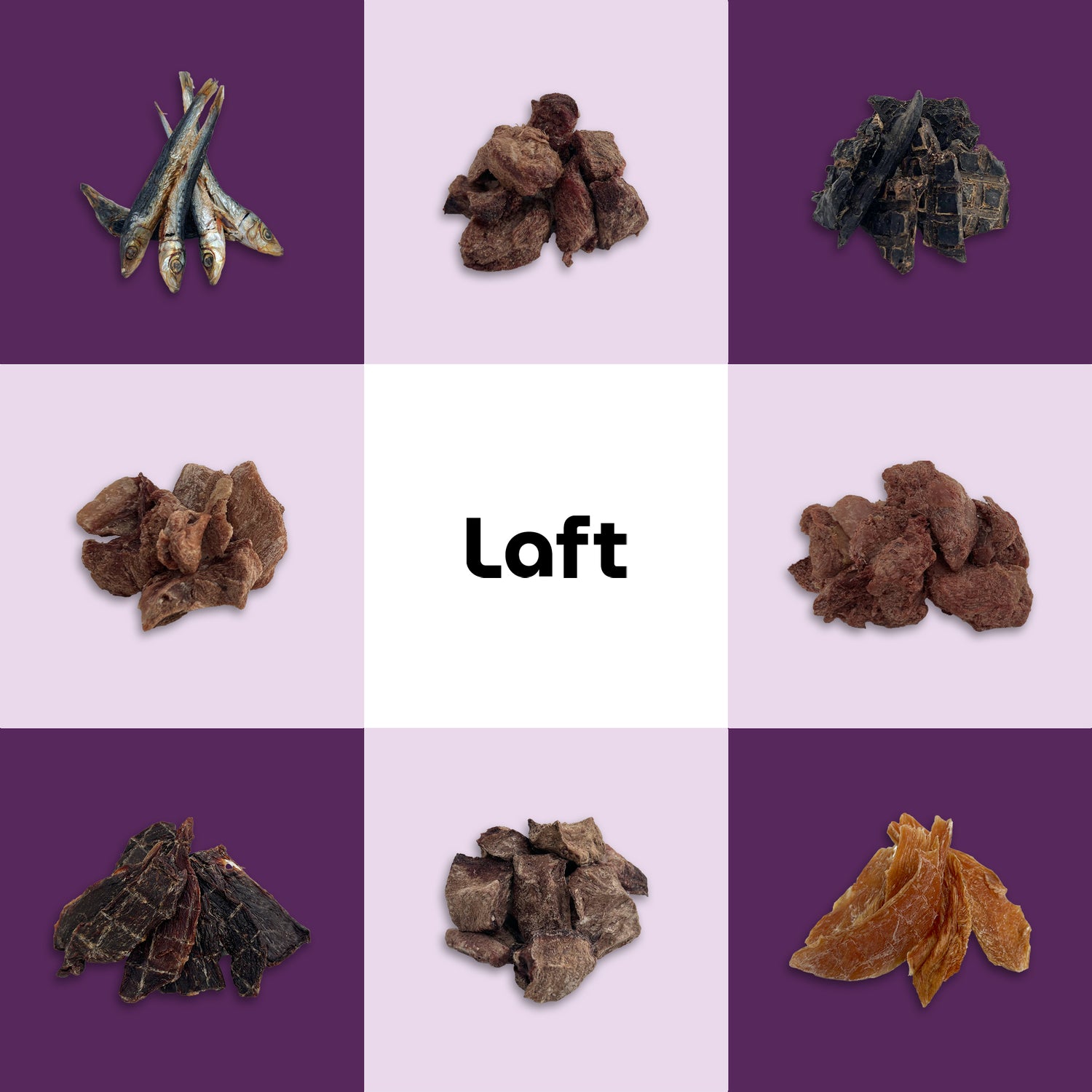 A grid image showcasing various dehydrated and freeze-dried pet treats, arranged around the "Laft" logo in the centre. The treats featured are pilchards, turkey, lamb liver, emu, wild boar, roo jerky, beef heart, and chicken jerky.