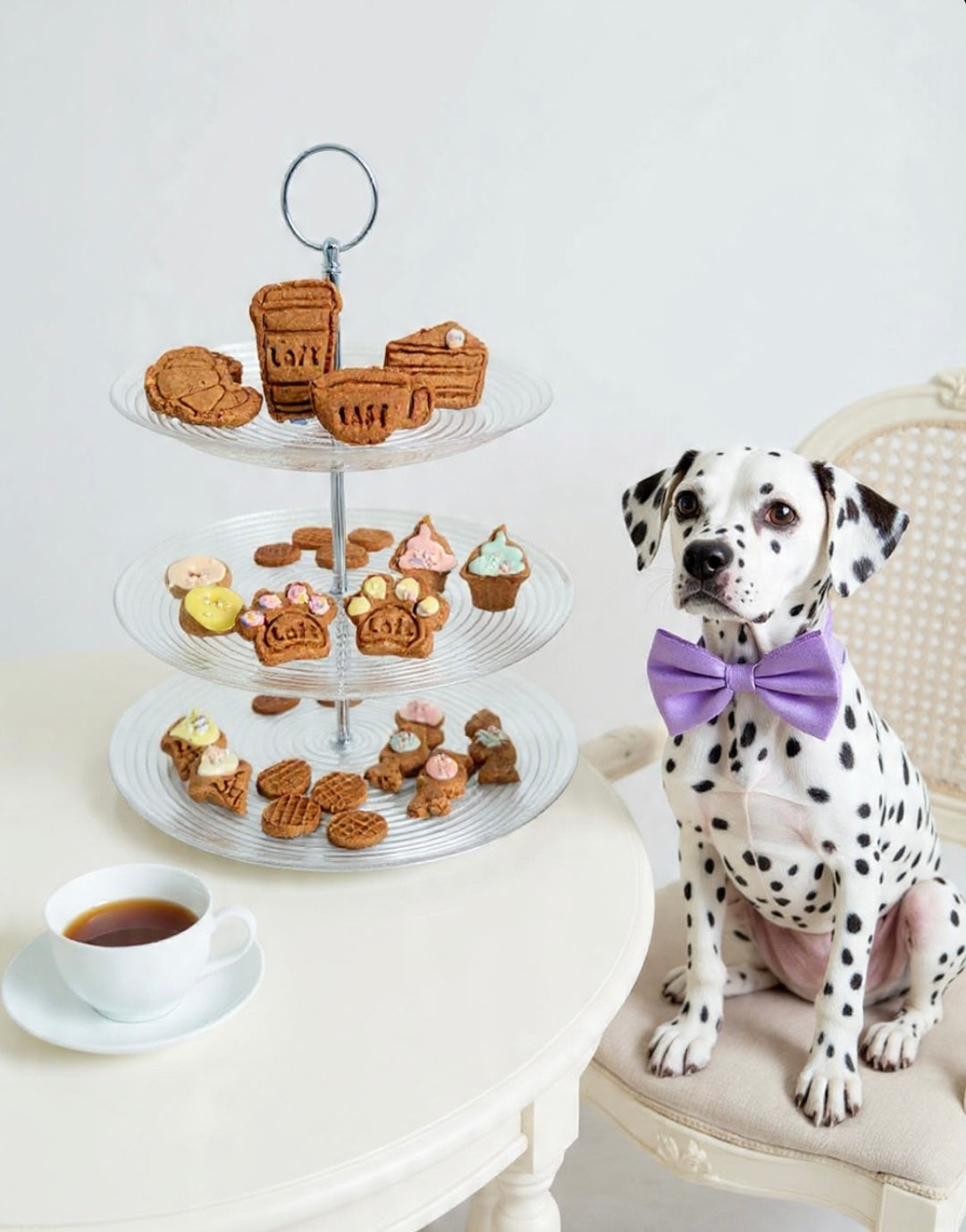 A Dalmatian wearing a purple bow tie sitting next to a three-tiered tray with Laft high tea dog biscuits and a cup of coffee on a white surface.