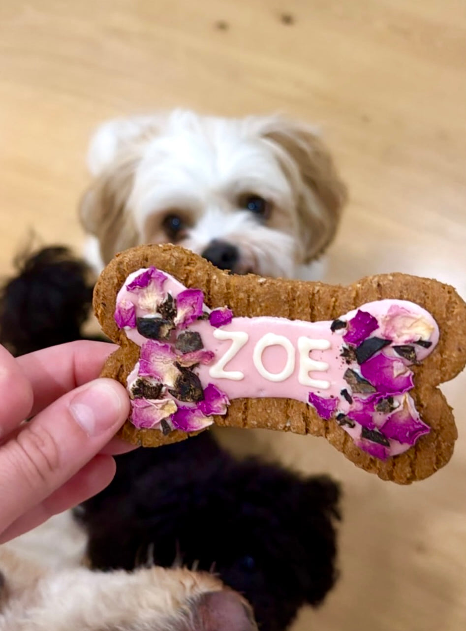 Dog bone-shaped treat with 'ZOE' on it, held by a hand with a dog in the background.