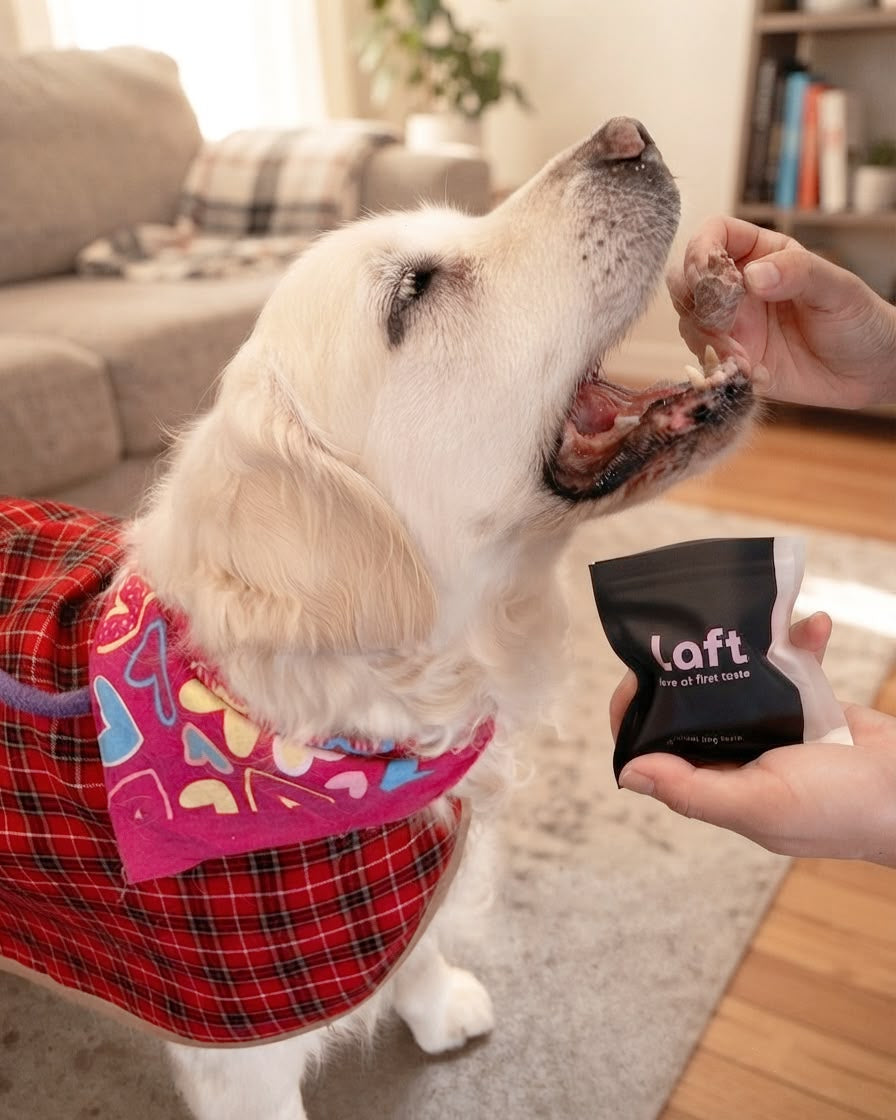 A dog enjoying Laft Pet beef heart natural treat.