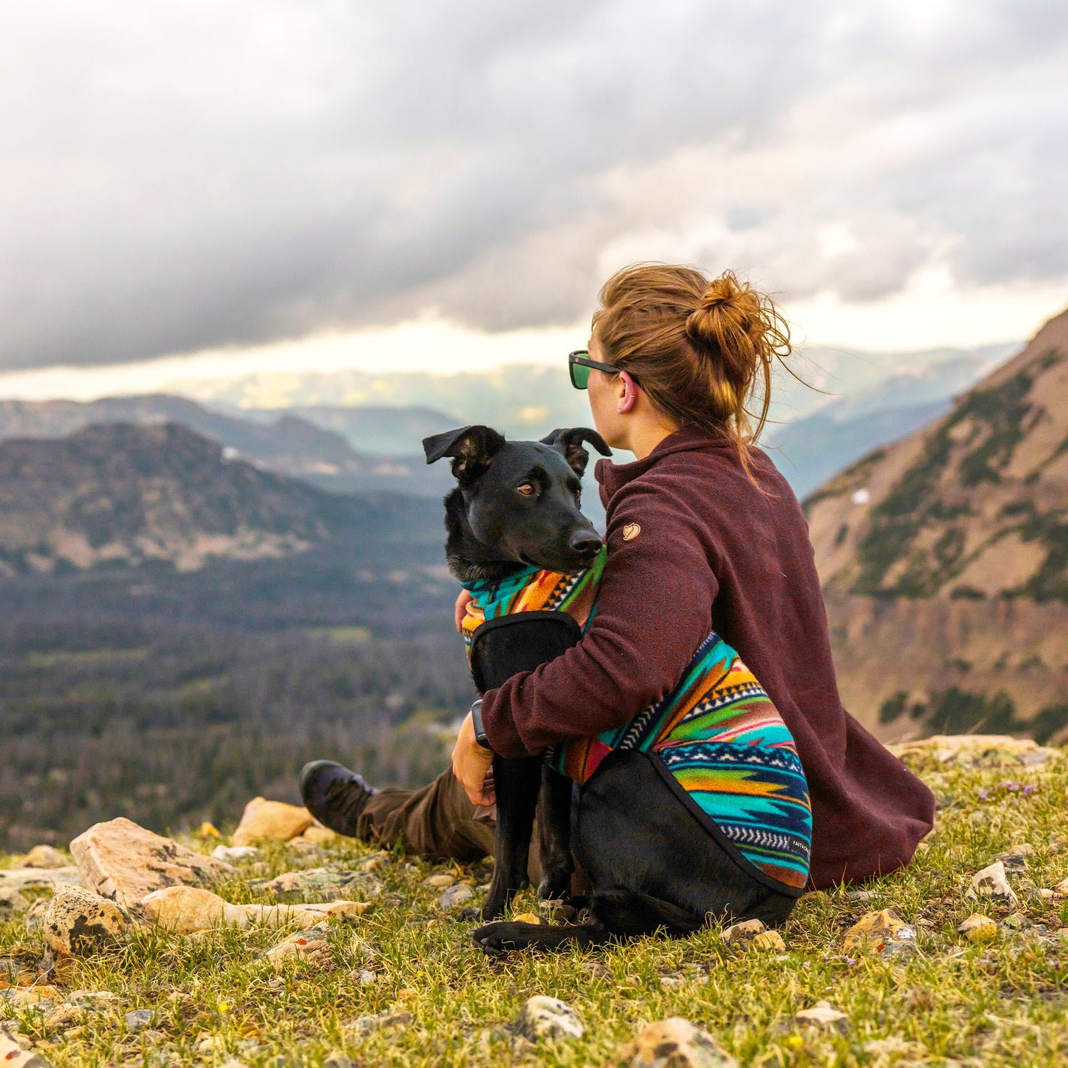 A woman and an Australian Kelpie mix enjoying the natural scenery together at the top of a mountain.