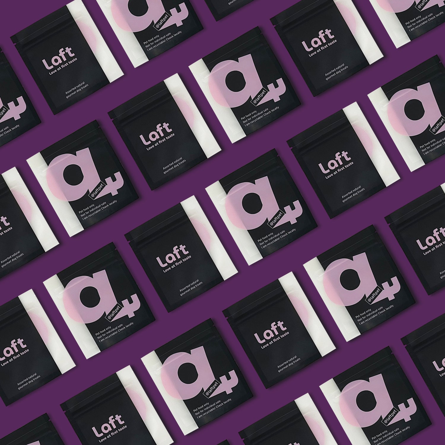 A wall of Laft branded pocket-size pouches showing its front and back. 