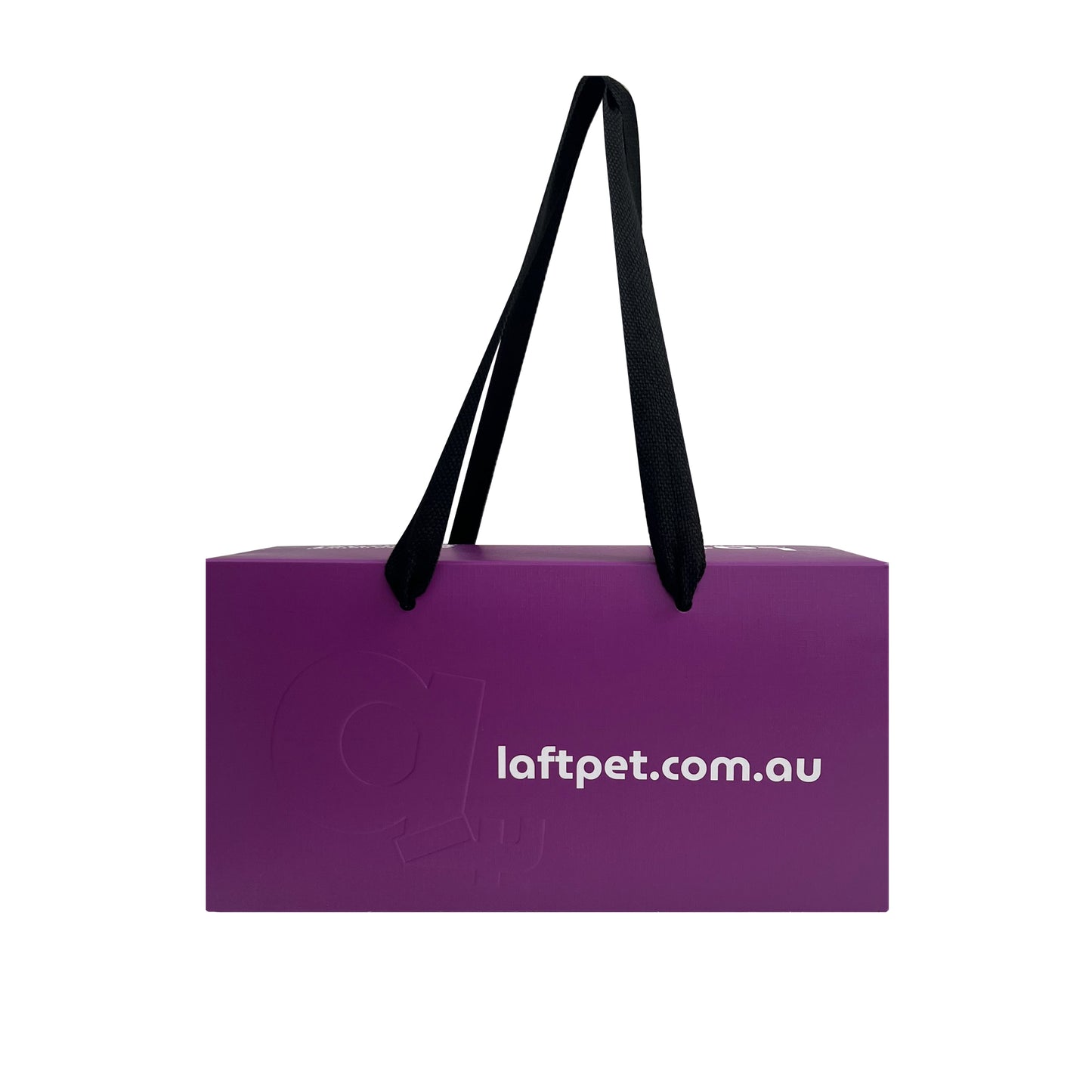 Image of the Laft Pet dog gift box from the back, displaying website laftpet.com.au.