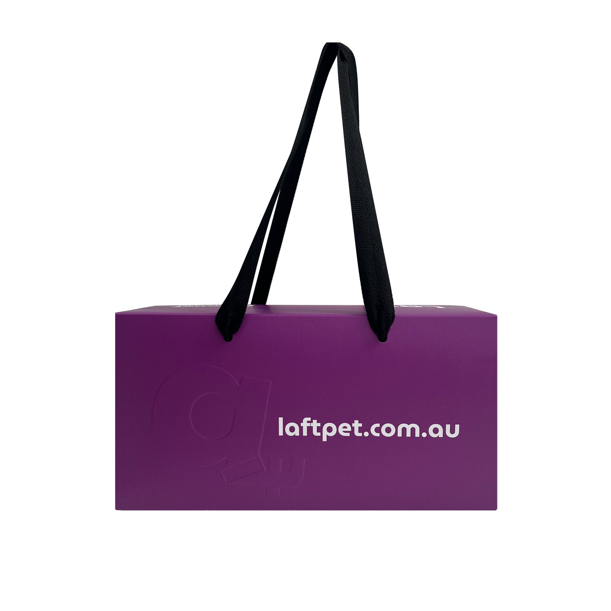 Image of the Laft Pet dog gift box from the back, displaying website laftpet.com.au.