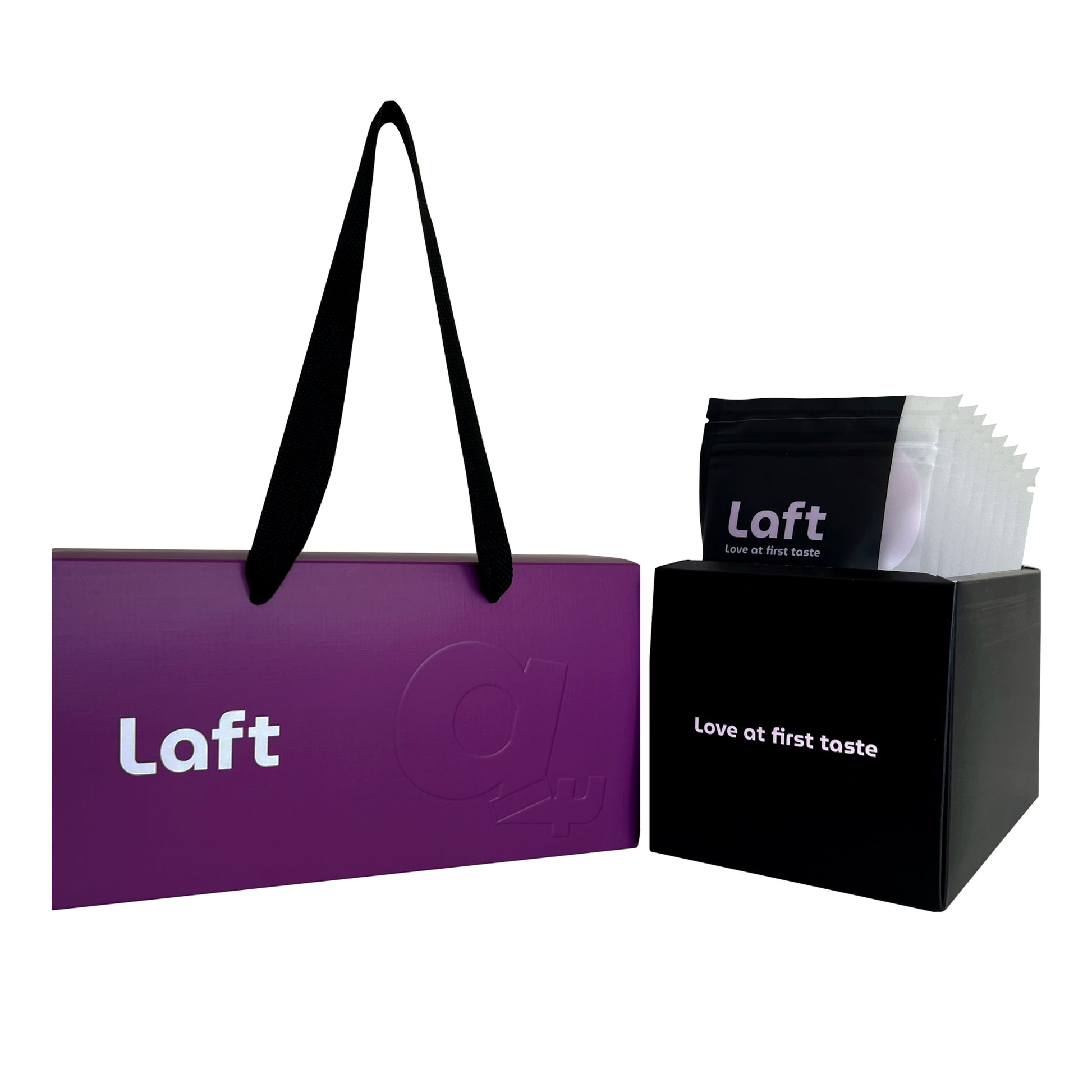 Open Laft Pet dog gift box displaying eight individual pouches neatly arranged inside.