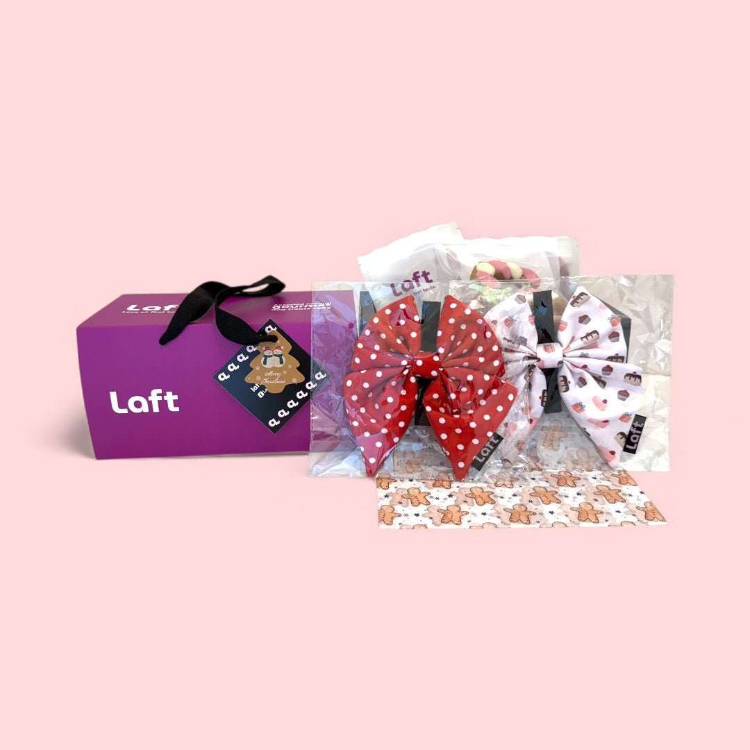Laft Pet Christmas gift box with Christmas-themed dog biscuits and two sailor bows displayed on a pink background.