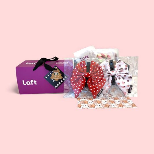 Laft Pet Christmas gift box with Christmas-themed dog biscuits and two sailor bows displayed on a pink background.