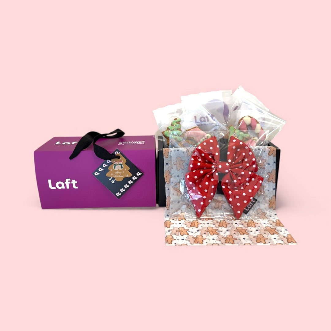 Laft Pet Christmas gift box with Christmas-themed dog biscuits and a sailor bow displayed on a pink background.