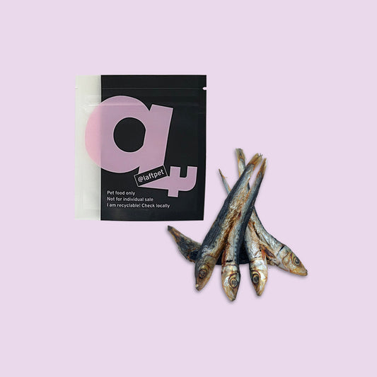 A black Laft Pet natural dog treat pouch placed next to a pile of dehydrated pilchards dog treats on a light purple background.